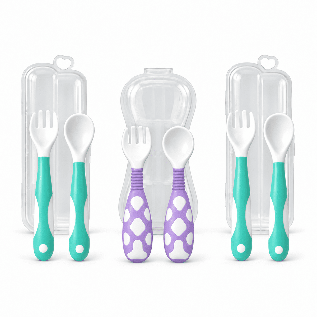 3-pack of baby spoon and fork sets with travel cases, two mint and one purple
