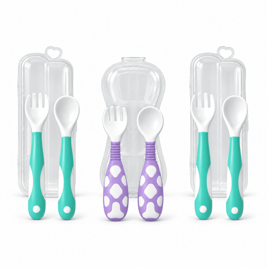 3-pack of baby spoon and fork sets with travel cases, two mint and one purple