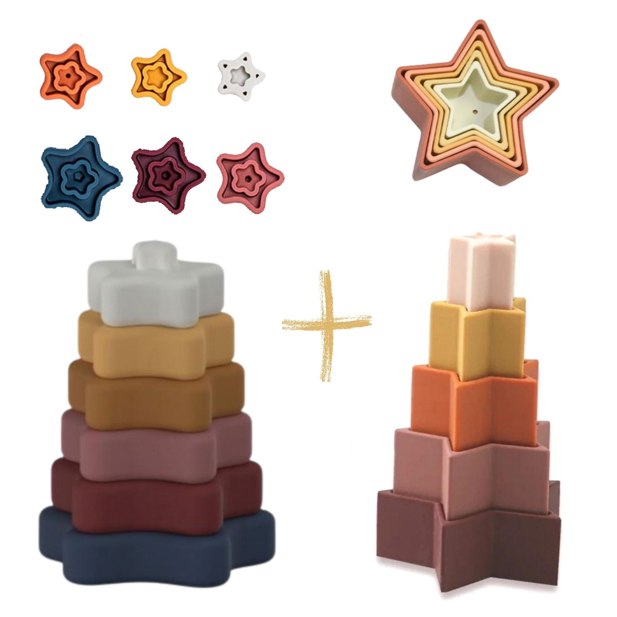 Earth-tone silicone star stacker toy with matching nesting stars