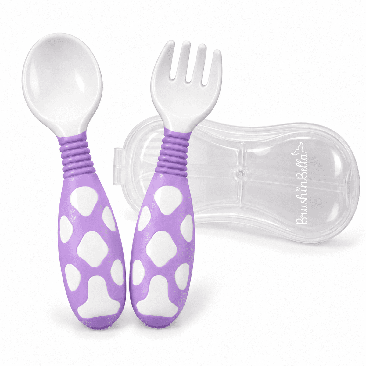 Purple baby spoon and fork set with silicone grip handles and clear travel case