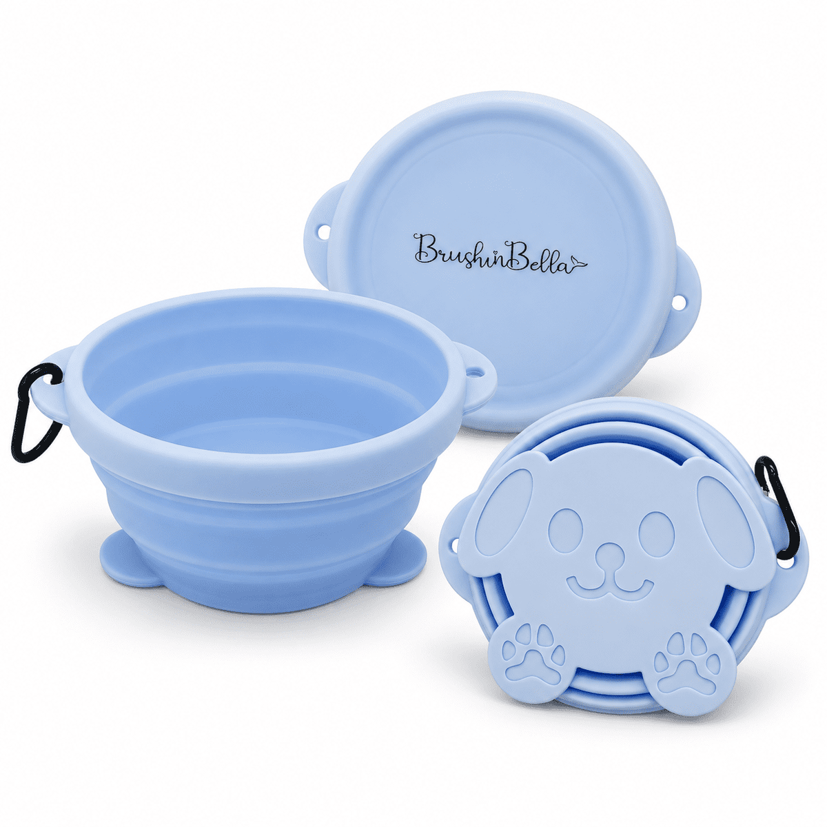 Blue collapsible silicone kids travel bowl with puppy-face lid and carabiner clip