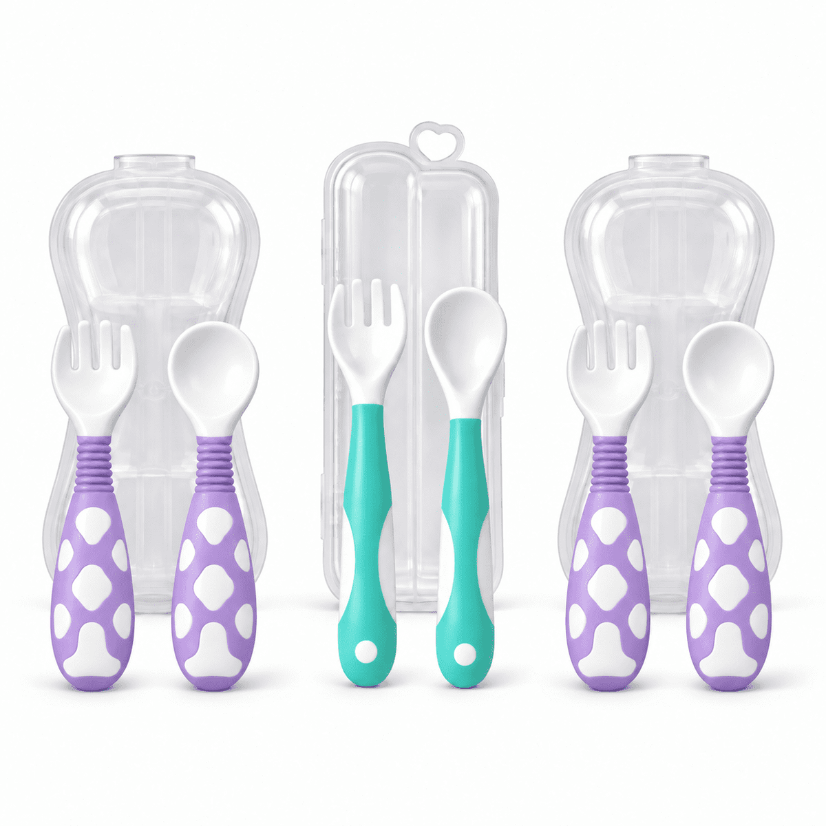 3-pack of baby spoon and fork sets with travel cases, two purple and one mint