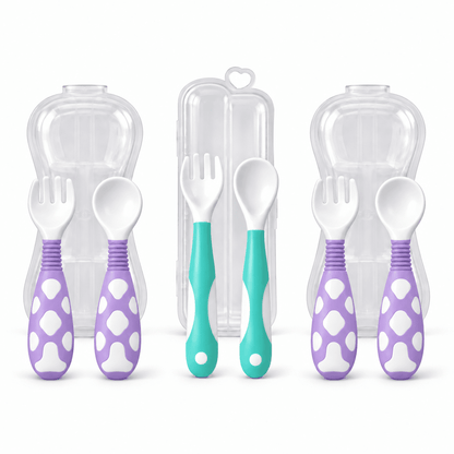 3-pack of baby spoon and fork sets with travel cases, two purple and one mint