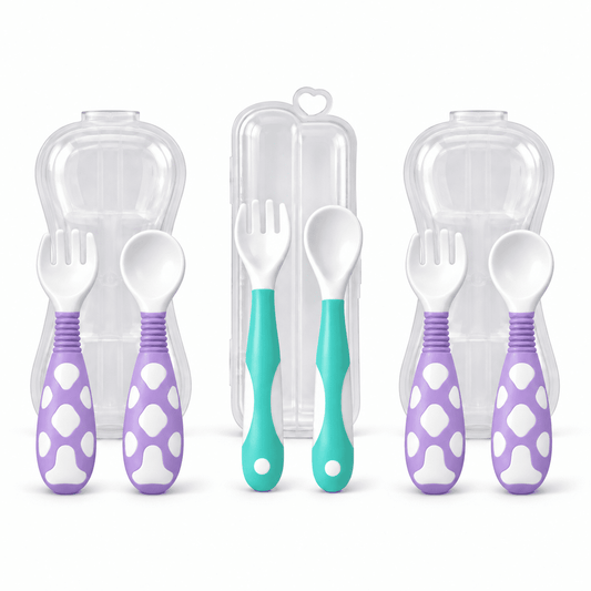 3-pack of baby spoon and fork sets with travel cases, two purple and one mint
