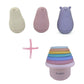 Cream, pink and purple silicone animal bath toys with rainbow stacking cups