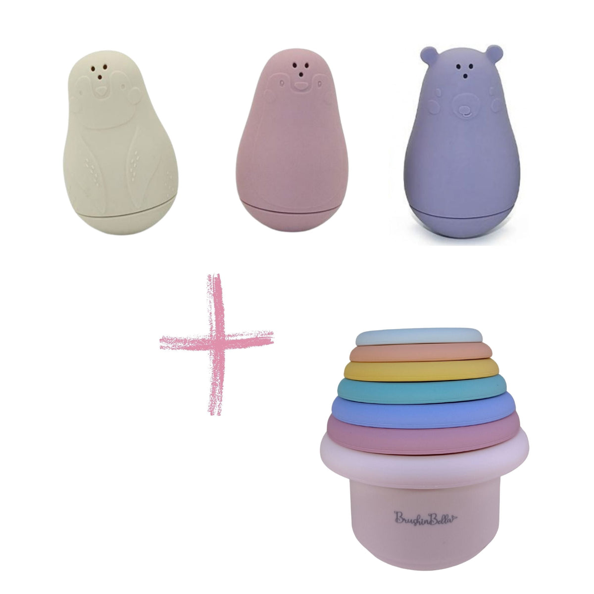 Cream, pink and purple silicone animal bath toys with rainbow stacking cups