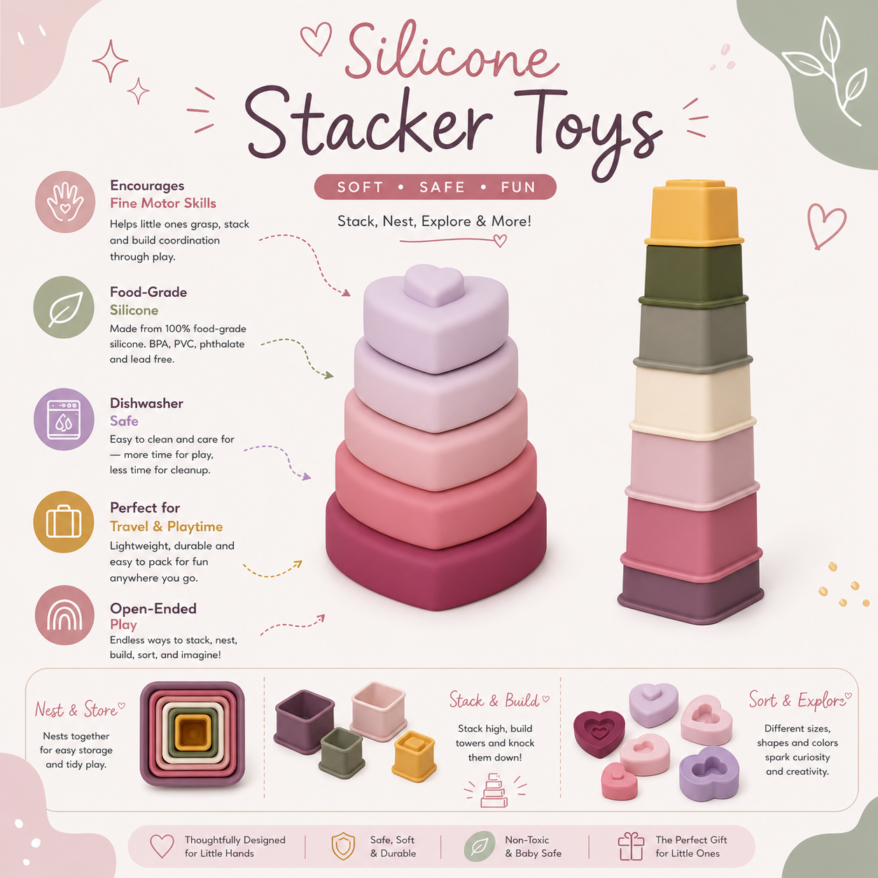 BrushinBella Silicone Stacker Toy Set (Heart Stacker/Nesting Cups)