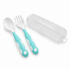 Mint baby spoon and fork set with silicone grip handles and clear travel case