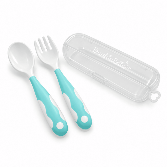 Mint baby spoon and fork set with silicone grip handles and clear travel case