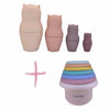 Pink silicone nesting cat bath toys with rainbow stacking cups