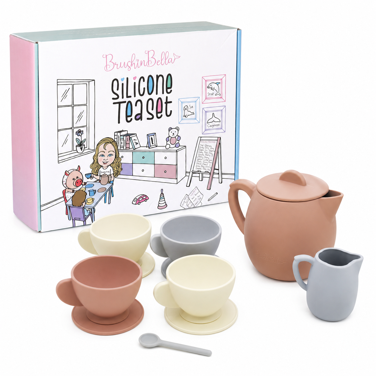 BrushinBella Silicone Tea Party Set - 12-Piece Toddler Toy Tea Set