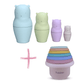 Soft blue, green and purple silicone nesting bear bath toys with rainbow stacking cups
